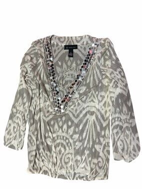INC Beige White Printed Tunic Sequin V Neck Size S